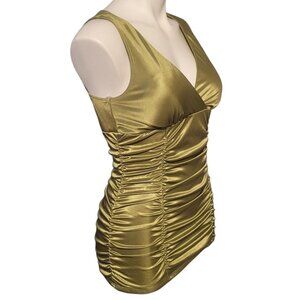 Studio Y Ruched Top Green Satin Shiny Size Medium Going Out Office Back Keyhole